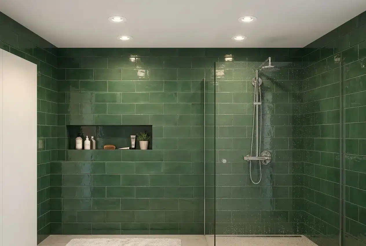 Spots LED encastrés au plafond d'une salle de bain moderne avec douche et carrelage vert.