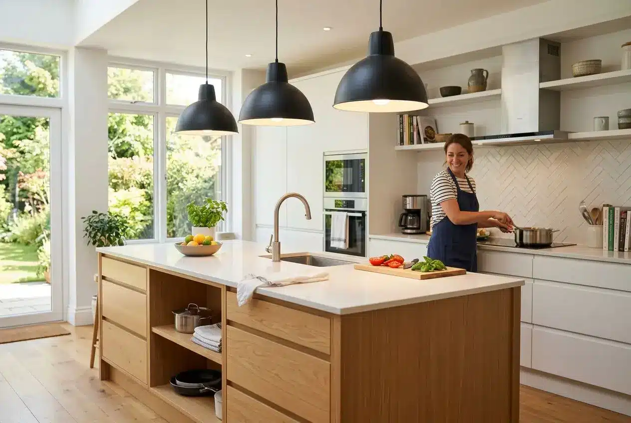 Suspension LED noire au-dessus d'un plan de travail de cuisine moderne éclairant une femme en train de cuisiner.