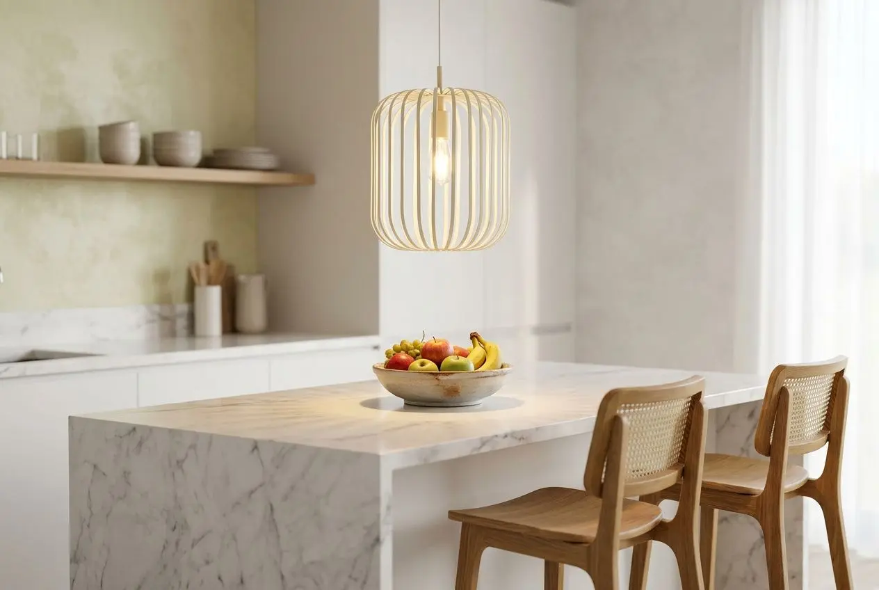 Suspension luminaire design moderne: lampe pendante sculpturale en bois éthérée au-dessus d’un îlot en marbre, fruités sur un plat au centre, cuisine lumineuse et chaleureuse avec tabourets en bois.