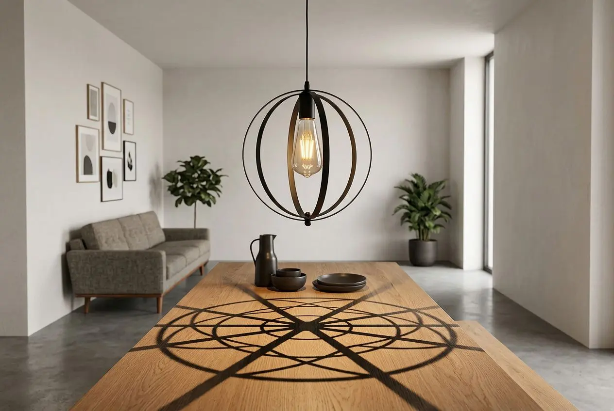 Suspension luminaire design moderne suspendue au-dessus d’une table en bois, créant des ombres géométriques sur la surface. Salon minimaliste en arrière-plan.