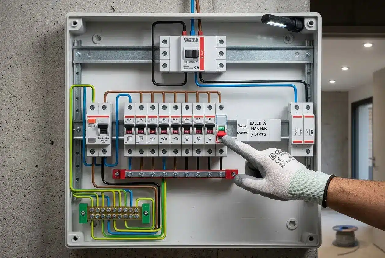 Tableau électrique avec disjoncteurs de circuit pour l'installation de spots LED encastrables au plafond.