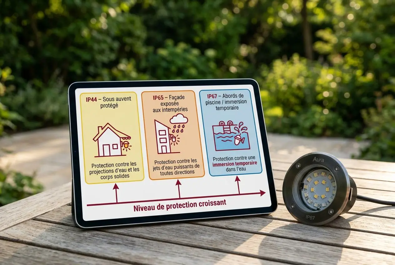 Tableau explicatif illustrant les niveaux de protection IP et un spot encastrable extérieur posé à côté, sur une terrasse en bois.