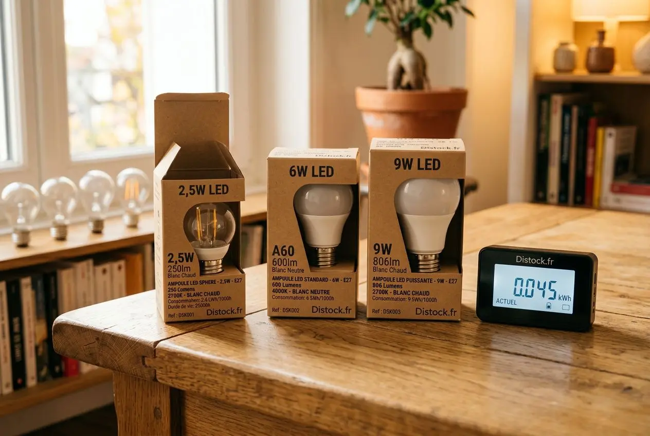 Trois ampoules LED de différentes puissances (2,5W, 6W et 9W) posées sur une table en bois avec un compteur de consommation électrique.