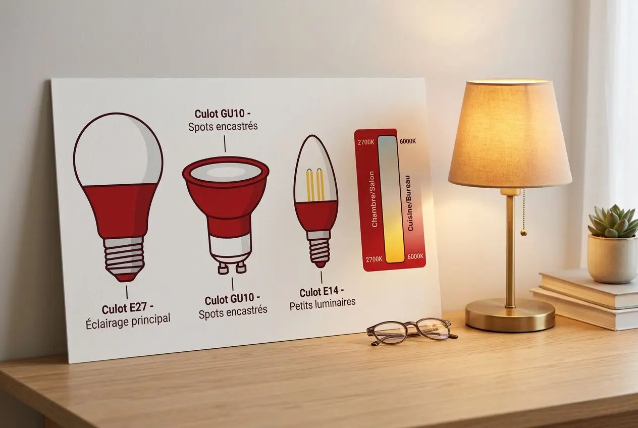 Vitrine d’illustrations d’éclairage avec plusieurs ampoules et culots sur une planche, lampe de table lumineuse et plante en arrière-plan. Intensité lumineuse pour une chambre suggérée.
