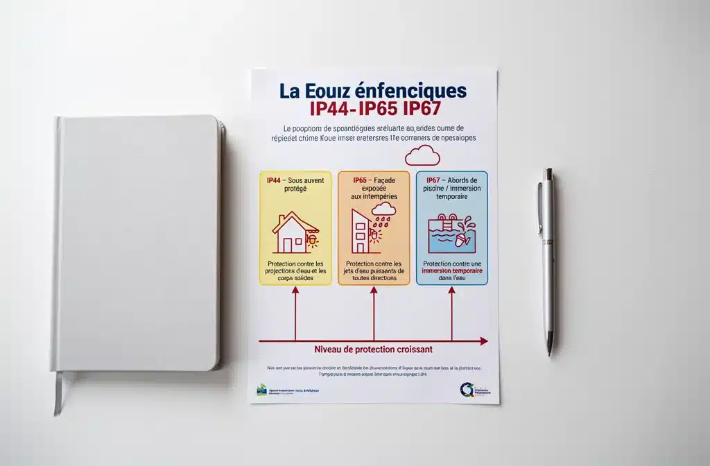 Affiche pédagogique sur les normes IP (IP44, IP65, IP67) avec pictogrammes, montre la progression de protection contre poussière et eau. c'est quoi la norme ip54.