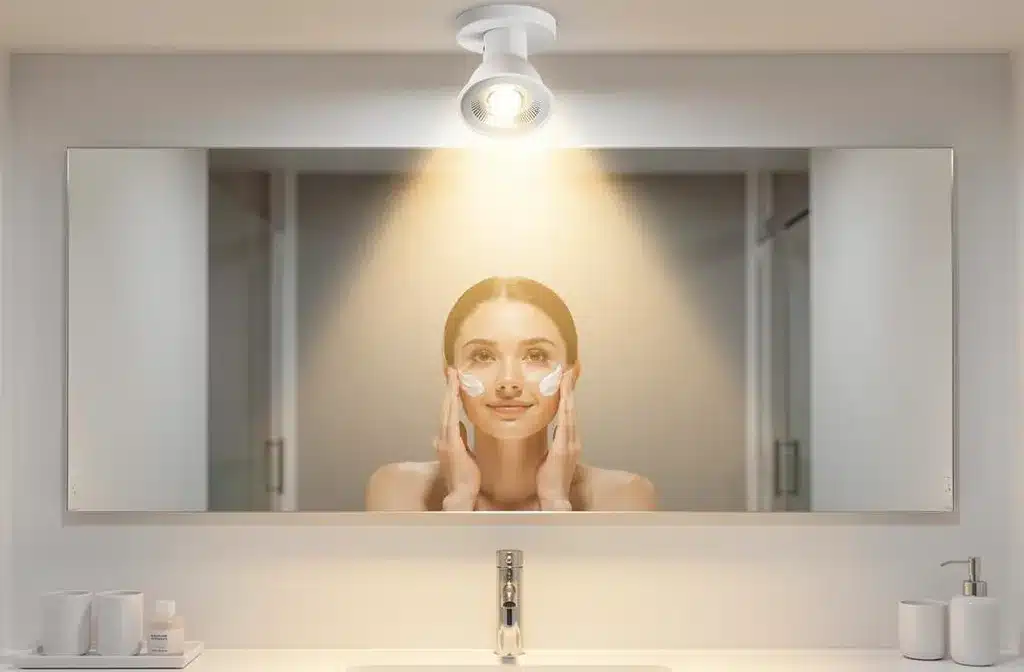 Ampoule LED GU10 encastrée au plafond d'une salle de bain, éclairant doucement le visage d'une femme lors de sa routine de soin de la peau.