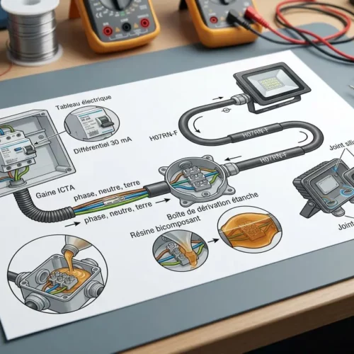 Branchement projecteur extérieur : schéma technique montrant câblage, dérivation étanche et composants électriques sur plan de travail.