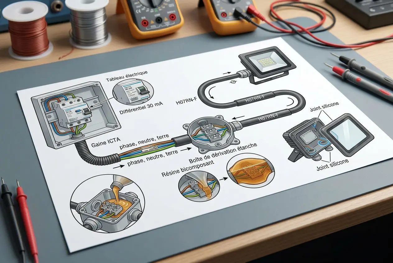 Branchement projecteur extérieur : schéma technique montrant câblage, dérivation étanche et composants électriques sur plan de travail.