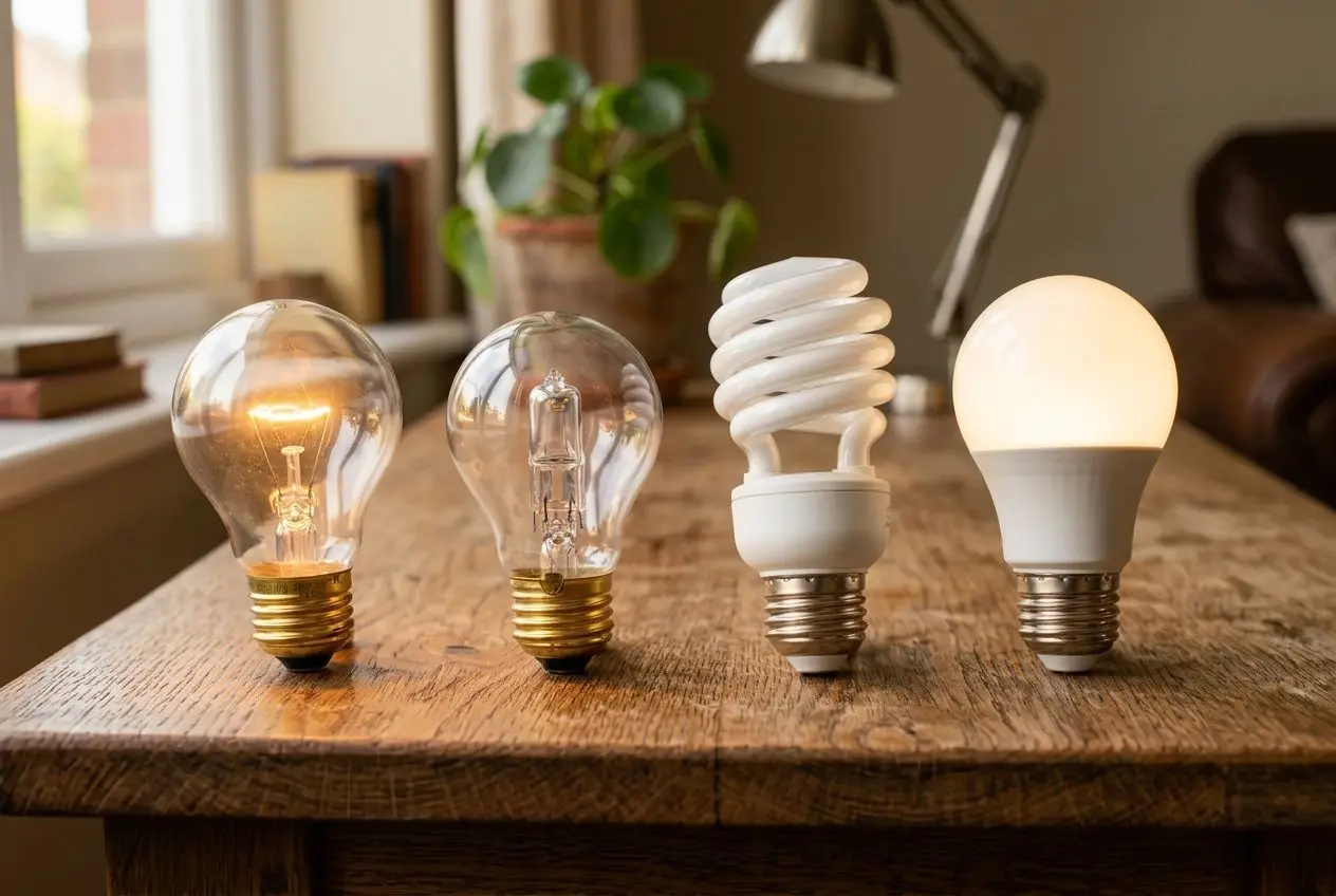 Comparaison de quatre types d'ampoules posées sur une table en bois dans un salon chaleureux.