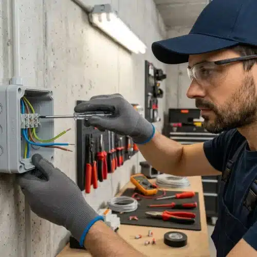 Électricien installant une prise étanche dans un garage en béton.