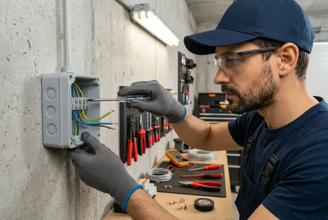 Électricien installant une prise étanche dans un garage en béton.