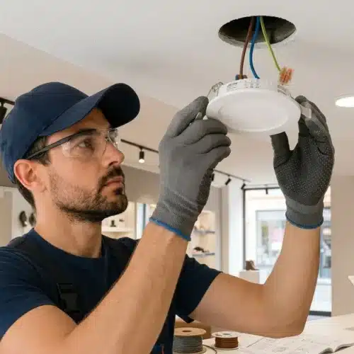 Électricien installant un spot LED encastrable au plafond d'un commerce pour une mise en lumière efficace et économique.