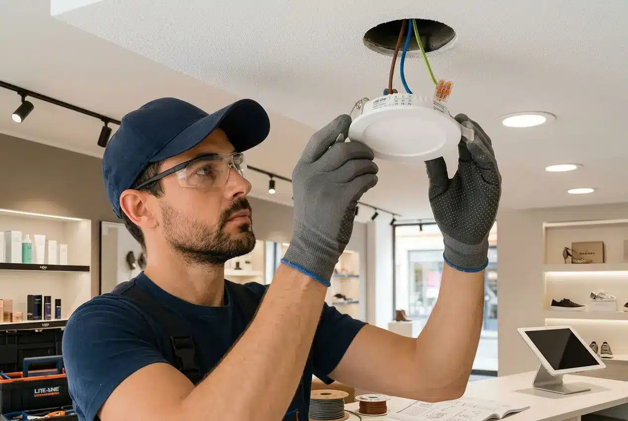 Électricien installant un spot LED encastrable au plafond d'un commerce pour une mise en lumière efficace et économique.