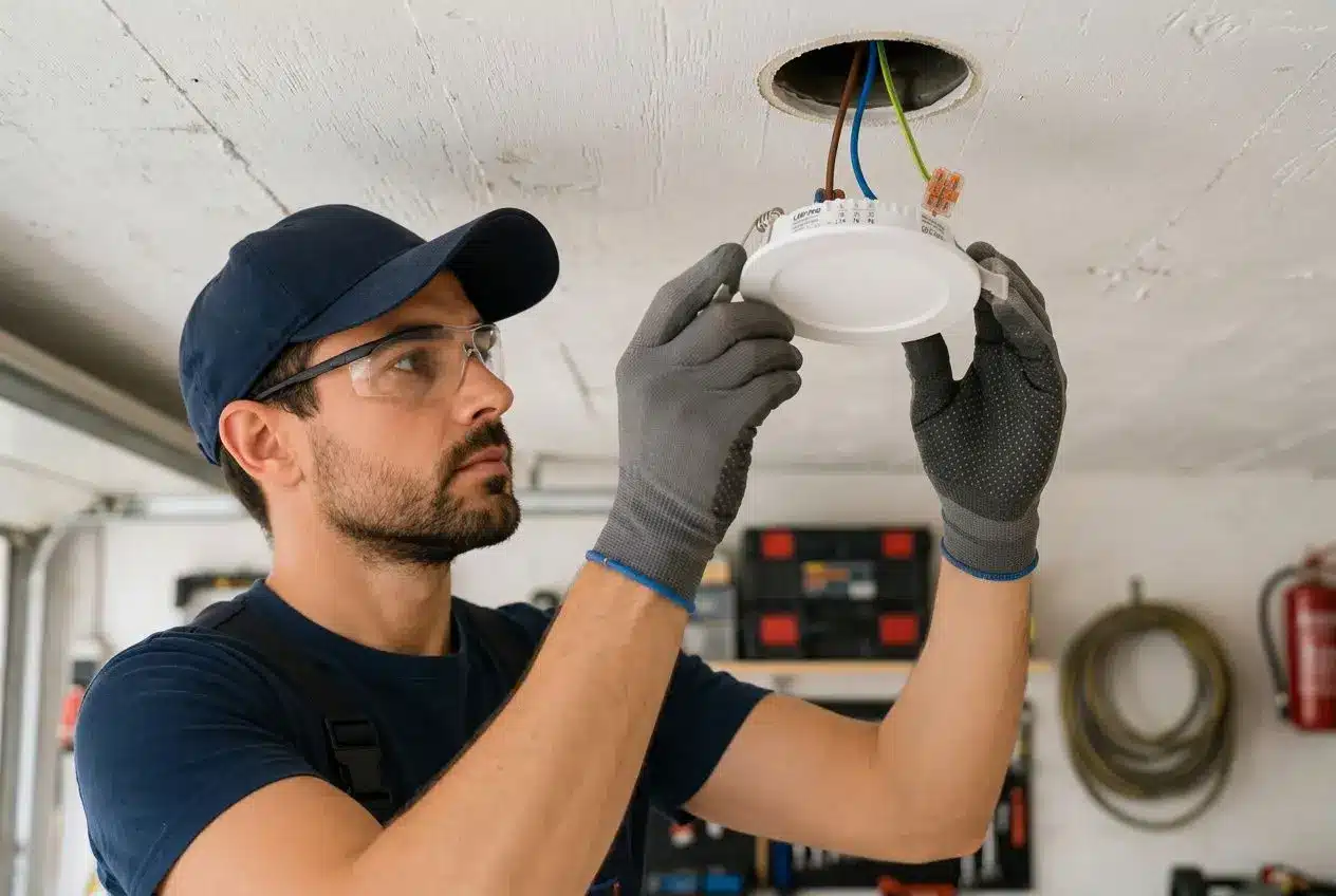 Électricien installant un spot LED encastré au plafond d'un garage avec raccordement électrique sécurisé.