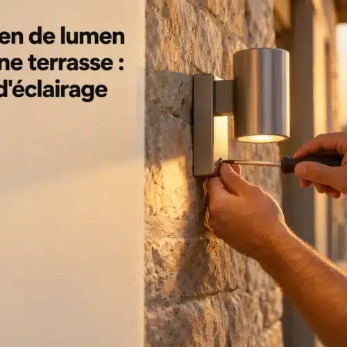Guide d’éclairage: installation d’un luminaire extérieur sur terrasse, avec outil et main ajustant le dispositif. combine le message “combien de lumen pour une terrasse” et ambiance éclairage.
