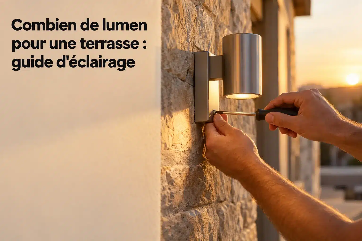 Guide d’éclairage: installation d’un luminaire extérieur sur terrasse, avec outil et main ajustant le dispositif. combine le message “combien de lumen pour une terrasse” et ambiance éclairage.