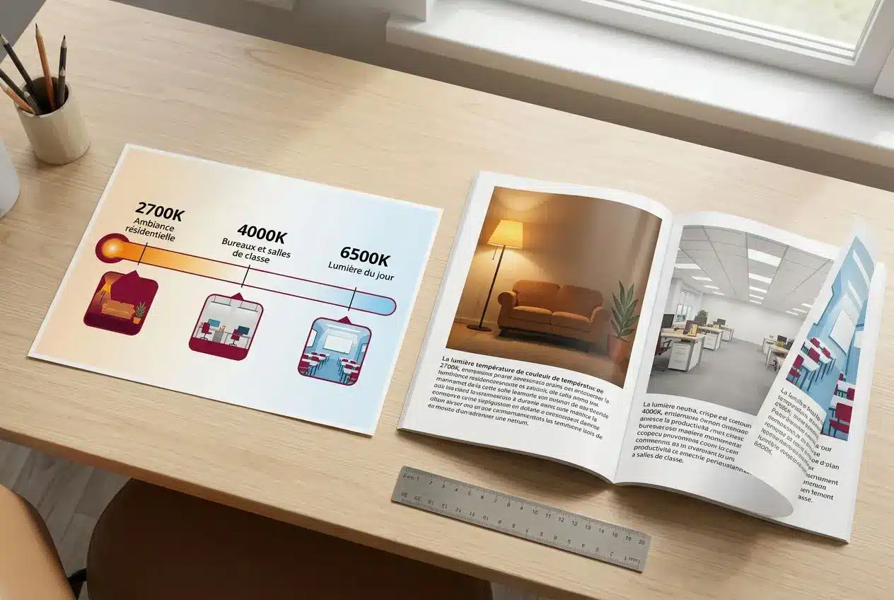 Infographie sur les températures de couleur LED : 2700K pour ambiance résidentielle, 4000K pour bureaux et salles de classe, 6500K pour lumière du jour.