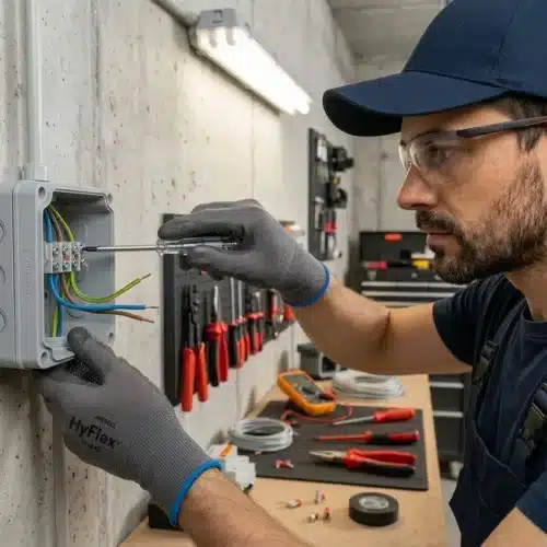 Installateur connectant des câbles dans une boite de dérivation ip54 fixée au mur, outils et câbles visibles.