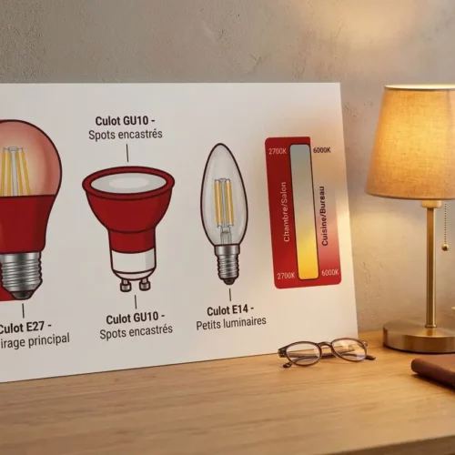 Poster illustrant les types d'ampoules et températures de couleur posé sur un bureau en bois avec une lampe de chevet allumée.