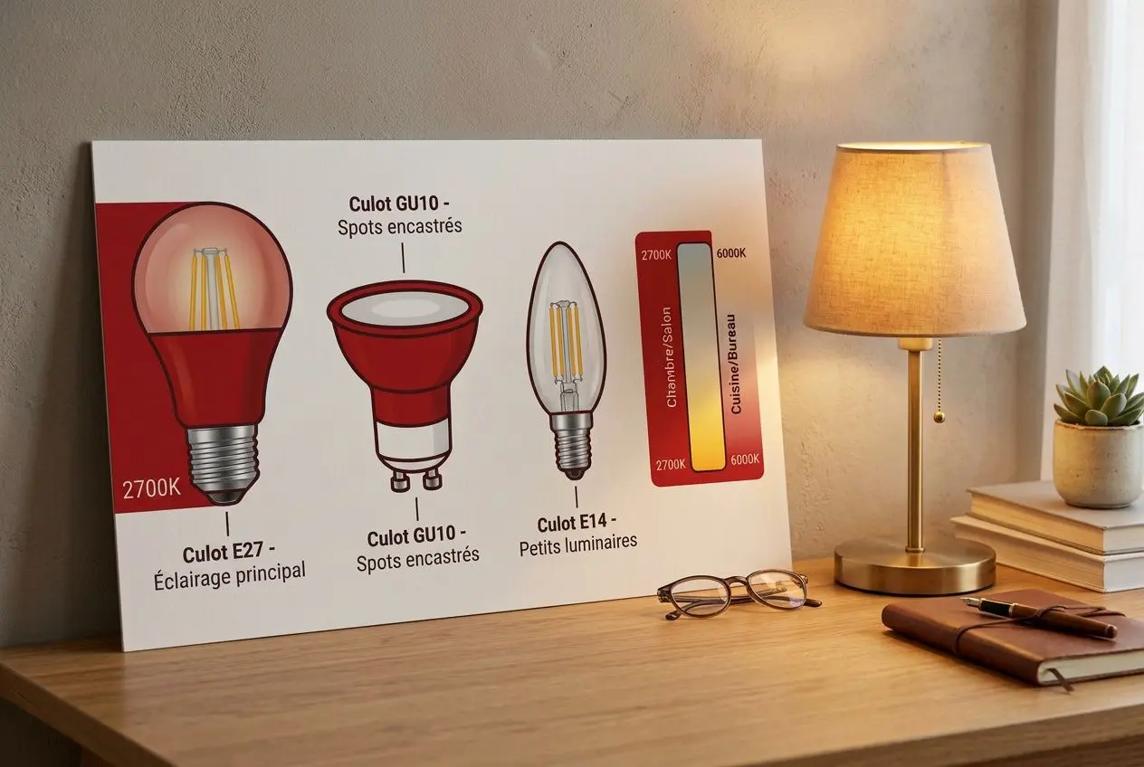 Poster illustrant les types d'ampoules et températures de couleur posé sur un bureau en bois avec une lampe de chevet allumée.