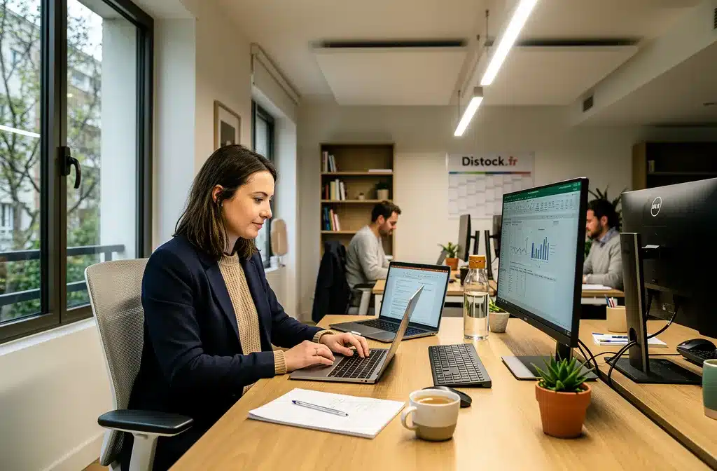 Une professionnelle travaille sur son ordinateur portable dans un open-space, avec d’autres deskers en arrière-plan; l’éclairage est lumineux et homogène. Code du travail éclairage lux.