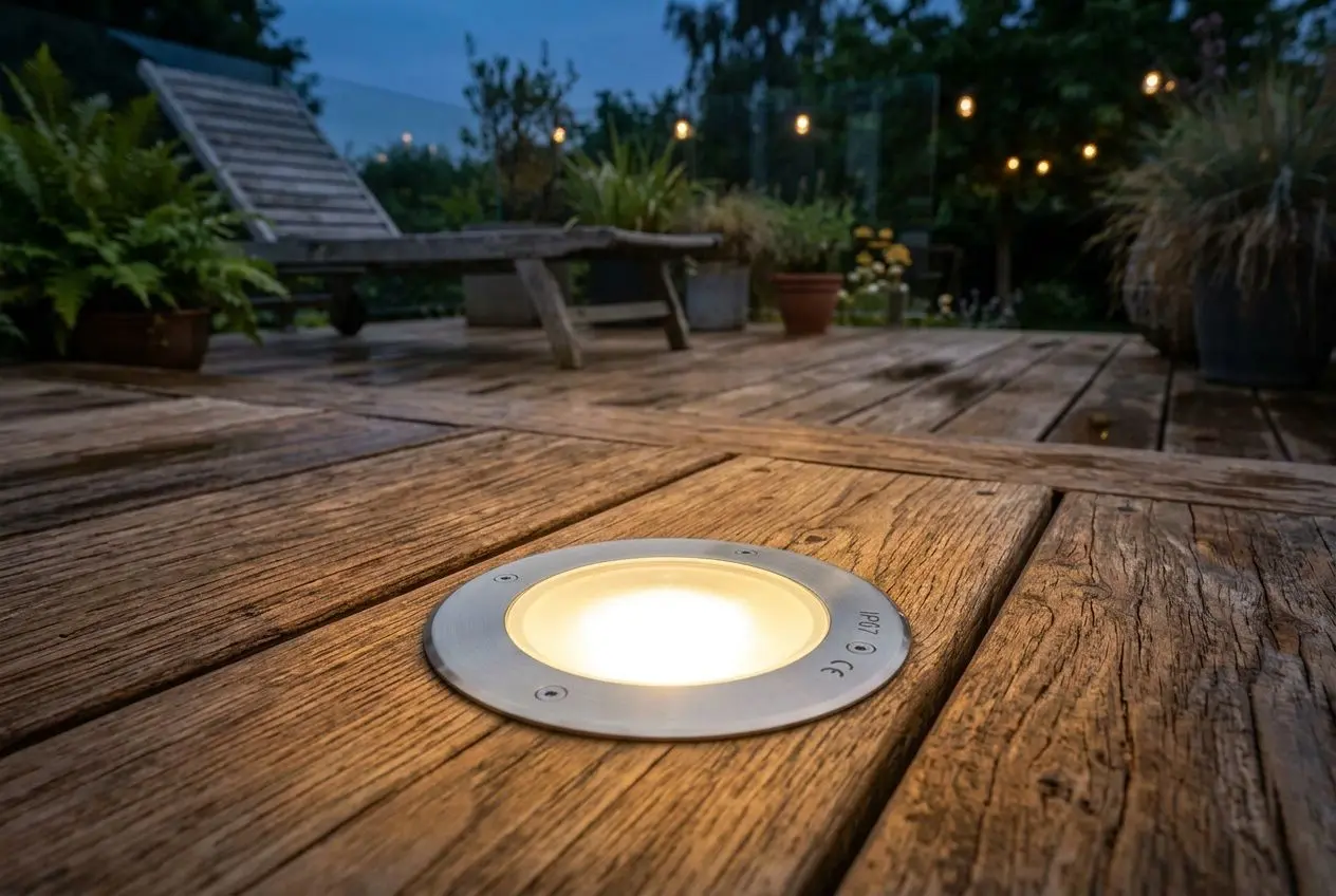 Projecteur extérieur LED encastré dans une terrasse en bois, éclairage chaleureux créant une ambiance nocturne. Branchement projecteur extérieur idéal.