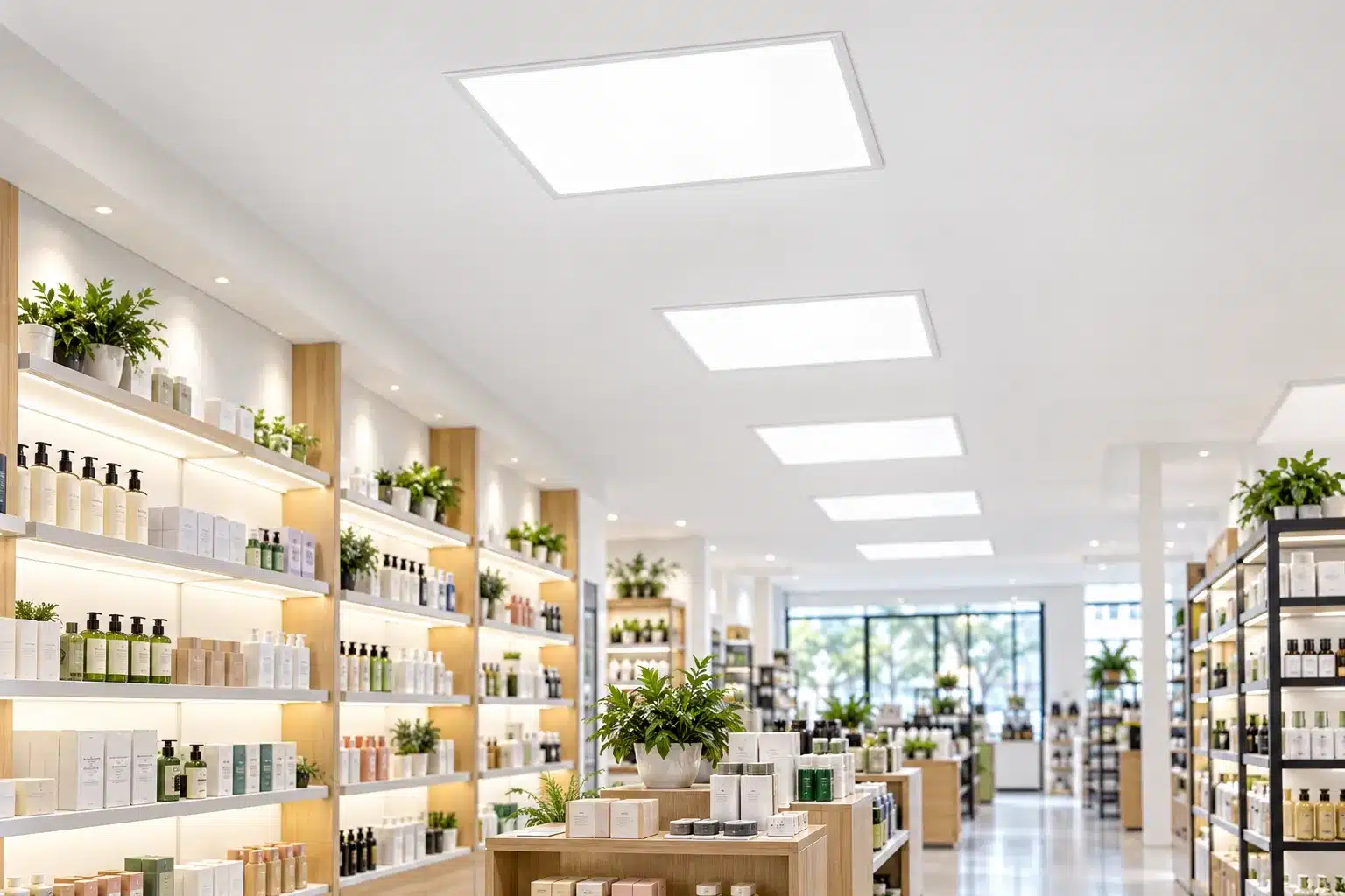Rayon de boutique clair avec des étagères plastifiées et des plantes vertes disposées sur les rayonnages et les meubles,