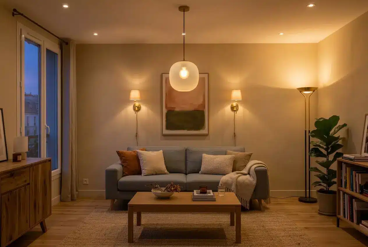 Salon cosy avec ampoules orientées et luminosité réglée pour éviter l'éblouissement.