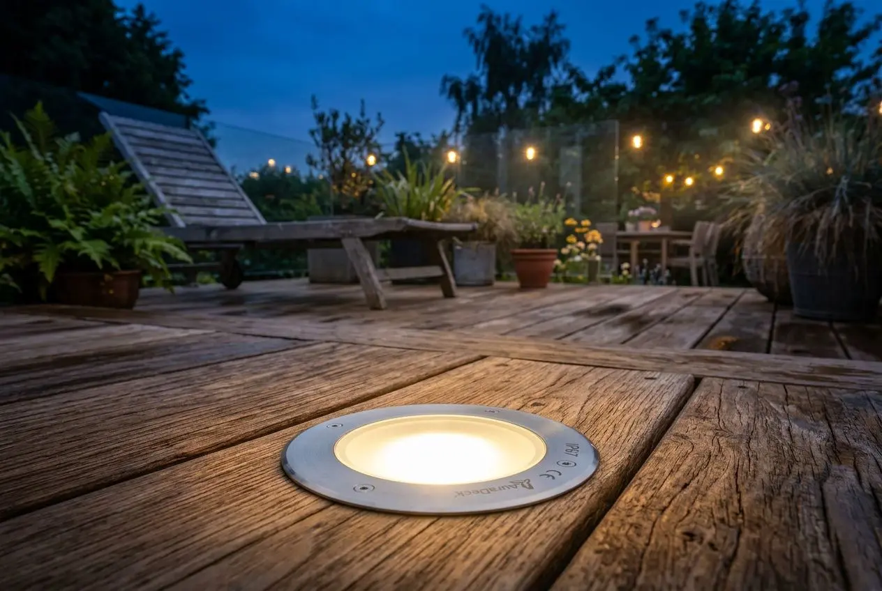 Spot encastré étanche installé dans une terrasse en bois, illuminant un jardin au crépuscule.
