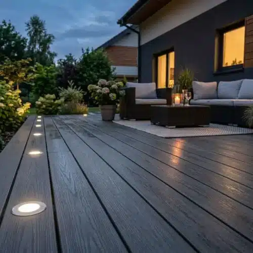 Spots LED encastrés dans une terrasse en bois au crépuscule, éclairant un espace détente extérieur moderne.