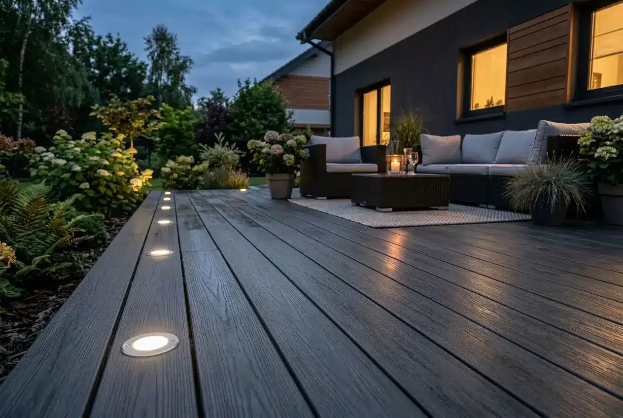 Spots LED encastrés dans une terrasse en bois au crépuscule, éclairant un espace détente extérieur moderne.