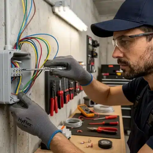 Technicien en PPE installant un boîtier électrique et câblage, démonstration liée à IP54 et à la protection contre poussière et projections d’eau. c'est quoi la norme ip54.