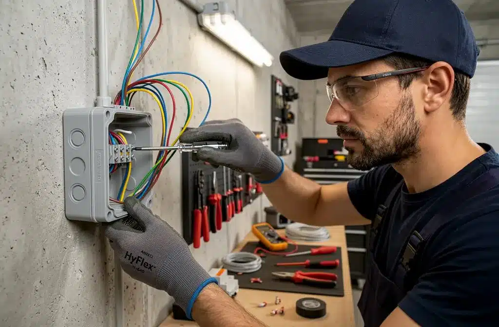 Technicien en PPE installant un boîtier électrique et câblage, démonstration liée à IP54 et à la protection contre poussière et projections d’eau. c'est quoi la norme ip54.