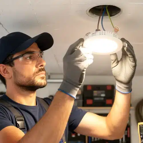 Technicien vérifiant l’éclairage LED au plafond, avec multimètre et appareil de mesure, prêt pour le code du travail éclairage lux.