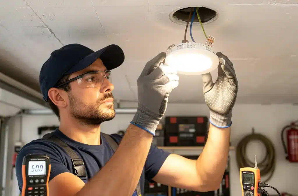 Technicien vérifiant l’éclairage LED au plafond, avec multimètre et appareil de mesure, prêt pour le code du travail éclairage lux.