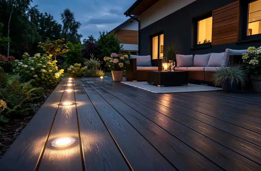 Terrasse extérieure nocturne avec éclairage LED doux, lampes encastrées au sol et ambiance chaleureuse autour d’un canapé et d’un tapis, prêtes à inspirer l’usage du projecteur extérieur. Combien de lumens faut-il pour un projecteur extérieur est au cœur de la description.