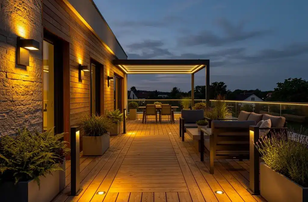Terrasse lumineuse et extérieure LED, ambiance nocturne avec éclairage chaleureux sur le bois et les meubles, vue sur le jardin.