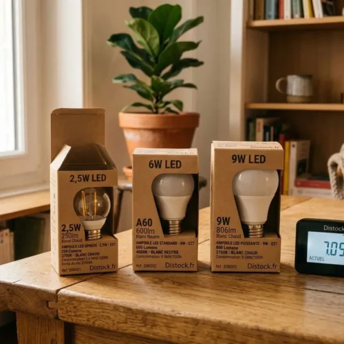 Trois boîtes d'ampoules LED de différentes puissances posées sur une table en bois avec un compteur d'énergie numérique.