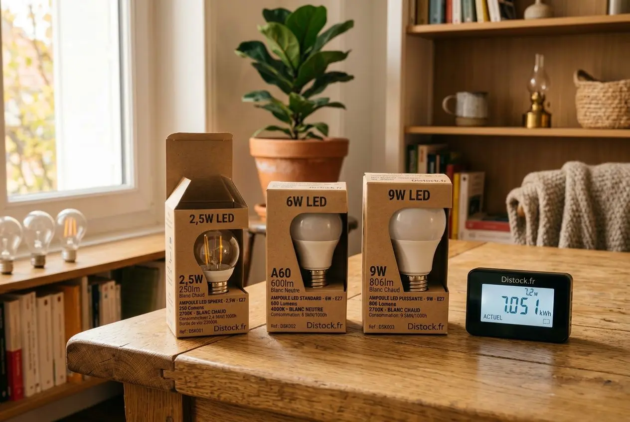 Trois boîtes d'ampoules LED de différentes puissances posées sur une table en bois avec un compteur d'énergie numérique.