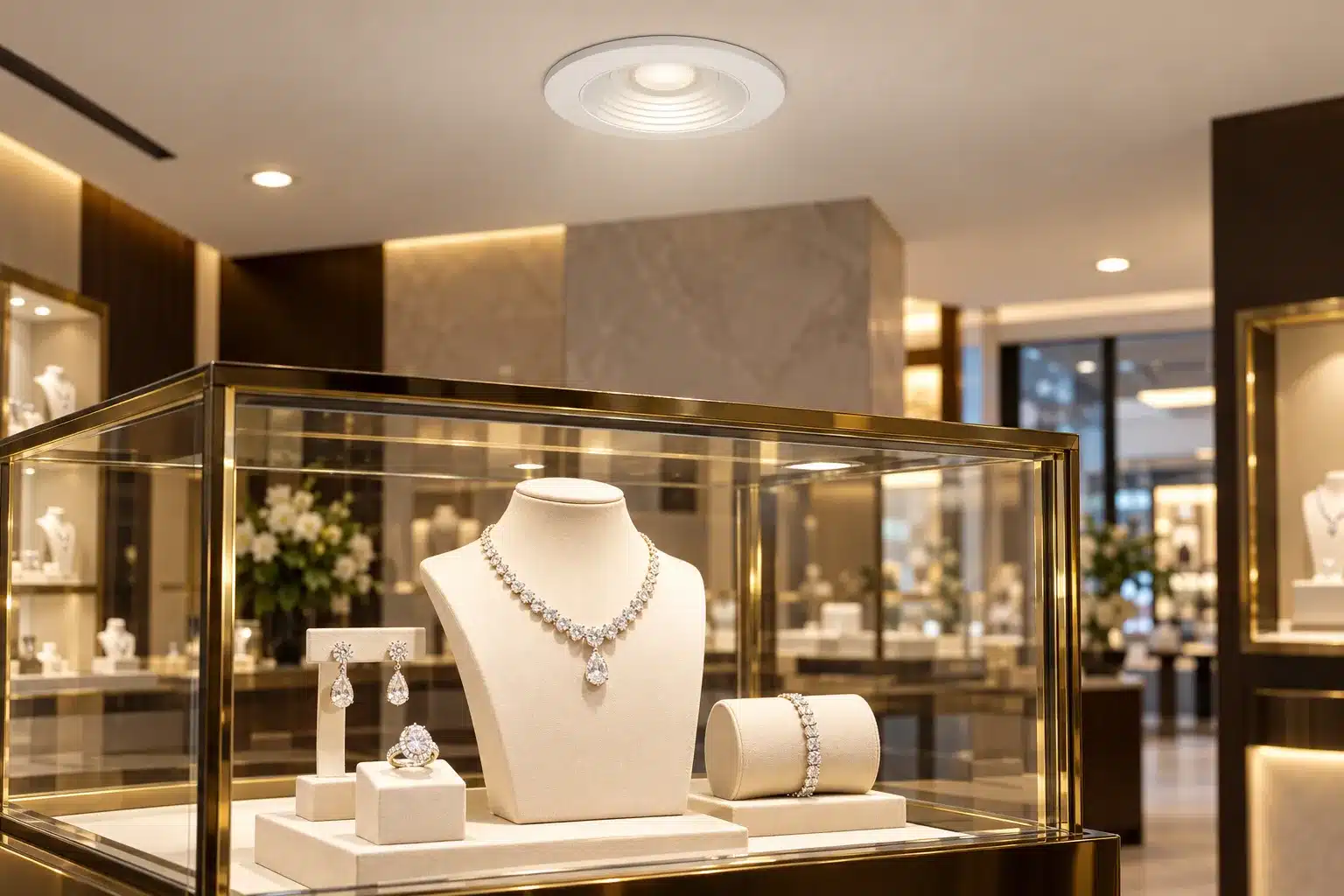 Vitrine de boutique de bijoux avec collier et bijoux affichés dans un présentoir entouré de lumière douce.