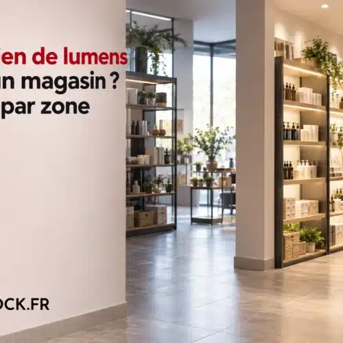Vitrine et rayonnages de produits dans un magasin bien éclairé avec des étagères en métal et des plantes décoratives.