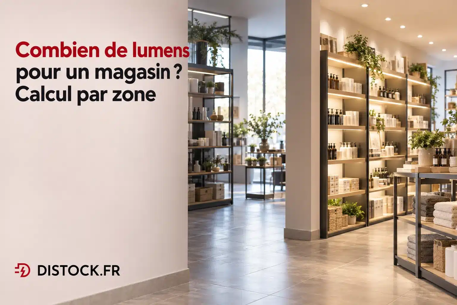 Vitrine et rayonnages de produits dans un magasin bien éclairé avec des étagères en métal et des plantes décoratives.